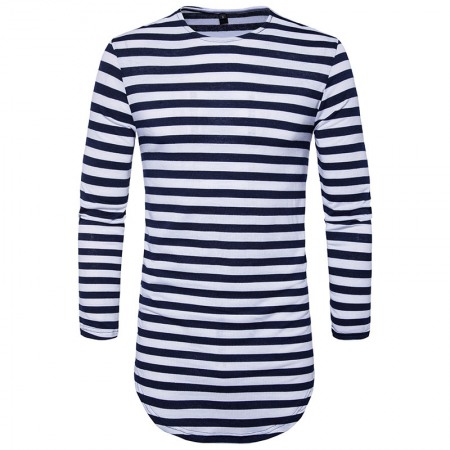 Hip-Hop High Street Summer Men's Round Hem Striped Long T-Shirt